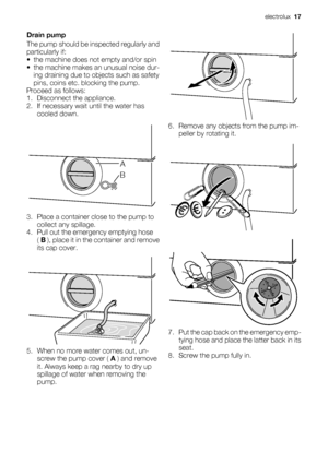 Page 17Drain pump
The pump should be inspected regularly and
particularly if:
• the machine does not empty and/or spin
• the machine makes an unusual noise dur-
ing draining due to objects such as safety
pins, coins etc. blocking the pump.
Proceed as follows:
1. Disconnect the appliance.
2. If necessary wait until the water has
cooled down.
A
B
3. Place a container close to the pump to
collect any spillage.
4. Pull out the emergency emptying hose
( B ), place it in the container and remove
its cap cover.
5....