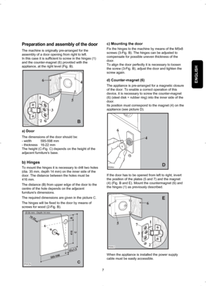 Page 7ENGLISH
Preparation and assembly of the door
The machine is originally pre-arranged for the
assembly of a door opening from right to left.
In this case it is sufficient to screw in the hinges (1)
and the counter-magnet (6) provided with the
appliance, at the right level (Fig. B).
a) Door
The dimensions of the door should be:
- width  595-598 mm
- thickness  16-22 mm
The height (C-Fig. C) depends on the height of the
adjacent furnitures base.
b) Hinges
To mount the hinges it is necessary to drill two...