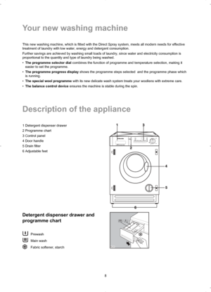 Page 8Your new washing machine
8 This new washing machine, which is fitted with the Direct Spray system, meets all modern needs for effective
treatment of laundry with low water, energy and detergent consumption.
Further savings are achieved by washing small loads of laundry, since water and electricity consumption is
proportional to the quantity and type of laundry being washed.
•The programme selector dialcombines the function of programme and temperature selection, making it
easier to set the programme....