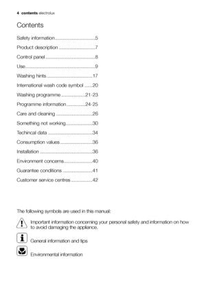 Page 44 contents electrolux
Contents
Safety information ..............................5
Product description ...........................7
Control panel .....................................8
Use....................................................9
Washing hints ..................................17
International wash code symbol ......20
Washing programme ..................21-23
Programme information ..............24-25
Care and cleaning ...........................26
Something not working....................30...