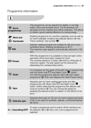 Page 29programme information electrolux  29
Programme information
Rinses
With this programme it is possible to rinse and spin cotton
garments which have been washed by hand.
The machine performs 3 rinses, followed by a final spin at
maximum speed. The spin speed can be reduced by
depressing the corresponding button. 
Drain
For emptying out the water of the last rinse in programmes
with the Rinse Hold  and Night Cycle  option. 
Turn first the programme selector dial to O, then select
programme  Drain and depress...