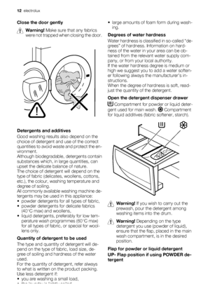 Page 12Close the door gently
Warning! Make sure that any fabrics
were not trapped when closing the door.
Detergents and additives
Good washing results also depend on the
choice of detergent and use of the correct
quantities to avoid waste and protect the en-
vironment.
Although biodegradable, detergents contain
substances which, in large quantities, can
upset the delicate balance of nature.
The choice of detergent will depend on the
type of fabric (delicates, woollens, cottons,
etc.), the colour, washing...