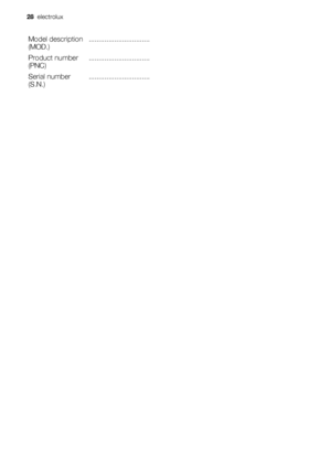 Page 28Model description
(MOD.)...............................
Product number
(PNC)...............................
Serial number
(S.N.)...............................
28  electrolux
 