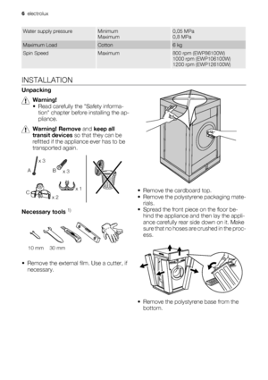 Page 6Water supply pressureMinimum
Maximum0,05 MPa
0,8 MPa
Maximum LoadCotton6 kg
Spin SpeedMaximum800 rpm (EWP86100W)
1000 rpm (EWP106100W)
1200 rpm (EWP126100W)
INSTALLATION
Unpacking
Warning!
• Read carefully the Safety informa-
tion chapter before installing the ap-
pliance.
Warning! Remove and keep all
transit devices so that they can be
refitted if the appliance ever has to be
transported again.
x 3
x 3
x 2x 1 B A
C
Necessary tools 1)
10 mm 30 mm
• Remove the external film. Use a cutter, if
necessary.
•...