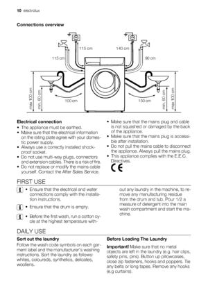 Page 10Connections overview
115 cm            140 cm
m c 150 m c 100
max 100 cm
min. 60 cm
max 100 cm min. 60 cm
m c 9  0   m c 115
Electrical connection
• The appliance must be earthed.
• Make sure that the electrical information
on the rating plate agree with your domes-
tic power supply.
• Always use a correctly installed shock-
proof socket.
• Do not use multi-way plugs, connectors
and extension cables. There is a risk of fire.
• Do not replace or modify the mains cable
yourself. Contact the After Sales...