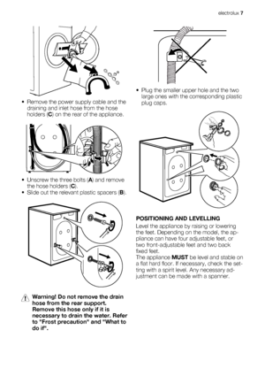 Page 7• Remove the power supply cable and the
draining and inlet hose from the hose
holders (C) on the rear of the appliance.
• Unscrew the three bolts (A) and remove
the hose holders (C).
• Slide out the relevant plastic spacers (B).
Warning! Do not remove the drain
hose from the rear support.
Remove this hose only if it is
necessary to drain the water. Refer
to Frost precaution and What to
do if.
• Plug the smaller upper hole and the two
large ones with the corresponding plastic
plug caps.
POSITIONING AND...