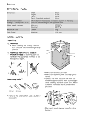 Page 6TECHNICAL DATA
DimensionsWidth
Height
Depth
Depth (Overall dimensions)60 cm
85 cm
50 cm
55 cm
Electrical connection
Voltage - Overall power - FuseInformation on the electrical connection is given on the rating
plate, on the inner edge of the appliance door.
Water supply pressureMinimum
Maximum0,05 MPa
0,8 MPa
Maximum LoadCotton6 kg
Spin SpeedMaximum1200 rpm
INSTALLATION
Unpacking
Warning!
• Read carefully the Safety informa-
tion chapter before installing the ap-
pliance.
Warning! Remove and keep all...