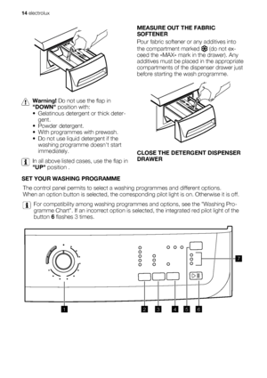 Page 14Warning! Do not use the flap in
DOWN position with:
• Gelatinous detergent or thick deter-
gent.
• Powder detergent.
• With programmes with prewash.
• Do not use liquid detergent if the
washing programme doesnt start
immediately.
In all above listed cases, use the flap in
UP position .MEASURE OUT THE FABRIC
SOFTENER
Pour fabric softener or any additives into
the compartment marked 
 (do not ex-
ceed the «MAX» mark in the drawer). Any
additives must be placed in the appropriate
compartments of the...