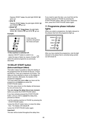 Page 11Depress RESET once, the pilot light WASH 
goes out.
SPIN 
Depress RESET twice, the pilot lights WASH 
and RINSES  go out.
DRAIN 
Depress RESET three times, the pilot lights
WASH  , RINSES  and SPIN  go out.
Example:
In this case the
machine will perform
the rinses and spin.
If the machine is switched off:
- depress ON/OFF button to switch it on;
- select the type of fabric by means of button  ;
select the special programme as previously 
described.
10 DELAY START button
(Zeitvorwahl/Départ Différé)
This...