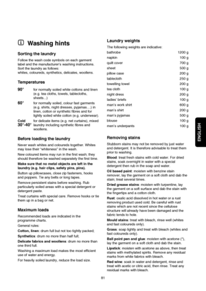 Page 12ENGLISH
81
Washing hints
Sorting the laundry
Follow the wash code symbols on each garment
label and the manufacturer’s washing instructions.
Sort the laundry as follows:
whites, coloureds, synthetics, delicates, woollens.
Temperatures
90°
for normally soiled white cottons and linen
(e.g. tea cloths, towels, tablecloths,
sheets...)
60°for normally soiled, colour fast garments
(e.g. shirts, night dresses, pyjamas....) in
linen, cotton or synthetic fibres and for
lightly soiled white cotton (e.g....