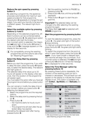 Page 9Reduce the spin speed by pressing
button 3
By selecting a programme, the appliance
proposes automatically the maximum spin
speed provided for that programme.
Press button 3 repeatedly to change the spin
speed, if you want your laundry to be spun at
a different speed. The relevant light illumi-
nates.
Select the available option by pressing
buttons 3, 4 and 5
Depending on the selected programme, dif-
ferent functions can be combined before
pressing the button 8 . By selecting an option
the relevant pilot...