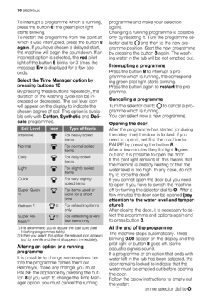 Page 10To interrupt a programme which is running,
press the button 8: the green pilot light
starts blinking.
To restart the programme from the point at
which it was interrupted, press the button 8
again. If you have chosen a delayed start,
the machine will begin the countdown. If an
incorrect option is selected, the red pilot
light of the button 8 blinks for 3 times the
message Err is displayed for a few sec-
onds.
Select the Time Manager option by
pressing buttons 10
By pressing these buttons repeatedly, the...