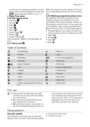 Page 7In the event of operating problems, some
alarm codes can be displayed, for example
 (see paragraph «What to do if...»).
•
Delay Time value
2.10: Soil degree icons
•
Intensive 
•
Normal 
•
Daily 
•
Light 
•
Quick 
•
Super Quick 
•
Refresh 
•
Super Refresh 
(see paragraph «Select Time Manager op-
tion»).
2.11: Clock icon 
After the programme has started, the dura-
tion is displayed and the clock icon is anima-
ted.
2.12: Washing programme phase icons
By selecting the wash programme, the
washing programme...