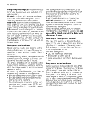 Page 12Ball point pen and glue: moisten with ace-
tone1), lay the garment on a soft cloth and
dab the stain.
Lipstick: moisten with acetone as above,
then treat stains with methylated spirits.
Treat any residual marks with bleach.
Red wine: soak in water and detergent,
rinse and treat with acetic or citric acid, then
rinse. Treat any residual marks with bleach.
Ink: depending on the type of ink, moisten
the fabric first with acetone
1), then with acetic
acid; treat any residual marks on white fab-
rics with...