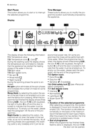 Page 6Start Pause
This button allows you to start or to interrupt
the selected programme.Time Manager
These buttons allows you to modify the pro-
gramme duration automatically proposed by
the appliance.
Display
7.17.37.57.67.77.8
7.9
7.107.117.12
7.27.4
The display shows the following information:
7.1: Temperature value
7.2: Temperature icons 
 , Cold  .
During the washing cycle the display shows
the temperature icon animated to indicate
that the appliance has started the heating
phase of the water in the...
