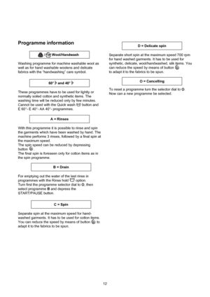 Page 12Programme information
Washing programme for machine washable wool as
well as for hand washable woolens and delicate
fabrics with the “handwashing” care symbol.
These programmes have to be used for lightly or
normally soiled cotton and synthetic items. The
washing time will be reduced only by few minutes.
Cannot be used with the Quick wash  button and
E 60°- E 40°- AA 40°- programmes.
With this programme it is possible to rinse and spin
the garments which have been washed by hand. The
machine performs 3...