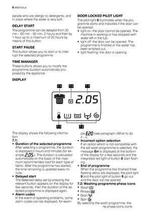 Page 6people who are allergic to detergents, and
in areas where the water is very soft.
DELAY START
The programme can be delayed from 30
min - 60 min - 90 min, 2 hours and then by
1 hour up to a maximum of 20 hours by
means of this button.
START PAUSE
This button allows you to start or to inter-
rupt the selected programme.
TIME MANAGER
These buttons allows you to modify the
programme duration automatically pro-
posed by the appliance.DOOR LOCKED PILOT LIGHT
The pilot light 9 illuminates when the pro-
gramme...