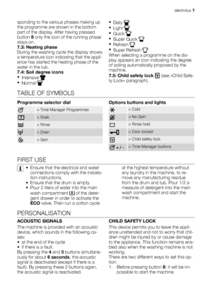 Page 7sponding to the various phases making up
the programme are shown in the bottom
part of the display. After having pressed
button 8 only the icon of the running phase
stays on.
7.3: Heating phase
During the washing cycle the display shows
a temperature icon indicating that the appli-
ance has started the heating phase of the
water in the tub.
7.4: Soil degree icons
•
Intensive 
•
Normal 
•
Daily 
•
Light 
•
Quick 
•
Super Quick 
•
Refresh 
•
Super Refresh 
When selecting a programme on the dis-
play...