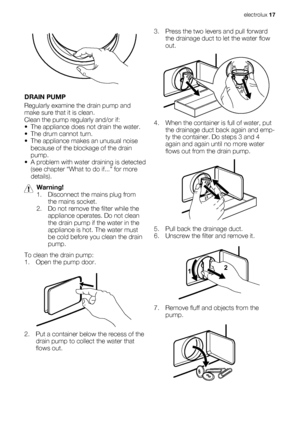 Page 17DRAIN PUMP
Regularly examine the drain pump and
make sure that it is clean.
Clean the pump regularly and/or if:
• The appliance does not drain the water.
• The drum cannot turn.
• The appliance makes an unusual noise
because of the blockage of the drain
pump.
• A problem with water draining is detected
(see chapter “What to do if...” for more
details).
Warning!
1. Disconnect the mains plug from
the mains socket.
2. Do not remove the filter while the
appliance operates. Do not clean
the drain pump if the...