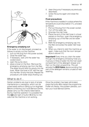 Page 17
Emergency emptying out
If the water is not discharged, proceed as
follows to empty out the machine:
1. pull out the plug fr om the power socket;
2. close the water tap;
3. if necessary, wait  until the water has
cooled down;
4. open the pump door;
5. place a bowl on the floor. Remove the emergency emptying cap from the filter.
The water should drain  by gravity into the
bowl. When the bowl is full, refit the cap
into the filter. Empty the bowl. Repeat the
procedure until water stops flowing out; 6....