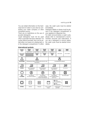 Page 15washing guide 15
You can obtain information on the hard-
ness level of water in your area by con-
tacting your water company or other
competent source.
There are no restrictions on the use of
powder detergents.
Liquid detergents must not be used
when a prewash has been selected. For
cycles without prewash, they can be ad-
ded either via means of a dosing ball, or
in the detergent compartment. In eithercase, the wash cycle must be started
immediately.
Detergent tablets or doses must be pla-
ced in the...