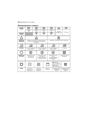 Page 4040 руководствоѝпоѝстирке
Международныеѝсимволы
ОБЫЧНАЯ
СТИРКА
Стиркаѝприѝ
95°CСтиркаѝприѝ
60°CСтиркаѝприѝ
40°CСтиркаѝприѝ
30°C
Щадящаяѝ
ручнаяѝстиркаНеѝстирать
ЩАДЯЩАЯ
СТИРКА
ОБРАБОТКАѝ
ЖАВЕЛЕМРазрешеноѝотбеливаниеѝхлоромѝ(жавелем),ѝ
толькоѝвѝхолоднойѝводеѝиѝразбавленнымѝ
растворомЗапрещеноѝотбеливаниеѝхлоромѝ(жавелем)
ГЛАЖЕНЬЕВысокиеѝтемпературыѝ
(макс.ѝ200°C)Средниеѝтемпературыѝ
(макс.ѝ150°C)Низкиеѝтемпературыѝ
(макс.ѝ100°C)Неѝгладить
ХИМИЧЕСКА
ЯѝЧИСТКАХимическаяѝчисткаѝ
(всеѝобычныеѝ...