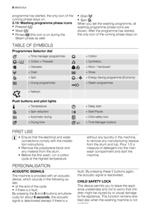 Page 8programme has started, the only icon of the
running phase stays on.
2.15: Washing programme phase icons
•
Prewash 
•
Wash 
•
Rinses  (this icon is on during the
Steam phase as well)•
Drain 
•
Spin 
When you set the washing programme, all
washing programme phase icons are
shown. After the programme has started,
the only icon of the running phase stays on.
TABLE OF SYMBOLS
Programmes Selector dial
= Time manager programmes= Cotton
 + = Cotton + Prewash= Synthetics
= Delicates = Wool / Handwash
= Drain=...