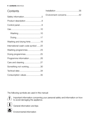 Page 44 contents electrolux
The following symbols are used in this manual:
Important information concerning your personal safety and information on how
to avoid damaging the appliance.
General information and tips
Environmental information
Contents
Safety information ..............................5
Product description ...........................8
Control panel .....................................9
Use..................................................10
Washing .....................................10
Drying...