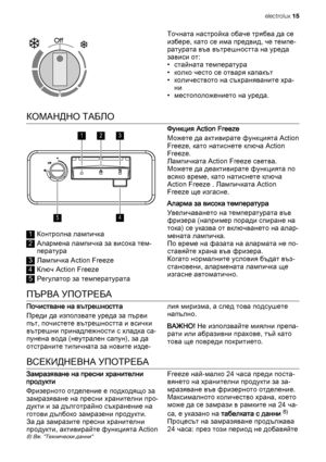 Page 15Точната настройка обаче трябва да се
избере, като се има предвид, че темпе‐
ратурата във вътрешността на уреда
зависи от:
• стайната температура
• колко често се отваря капакът
• количеството на съхраняваните хра‐
ни
• местоположението на уреда.
КОМАНДНО ТАБЛО
123
45
1Контролна лампичка
2Алармена лампичка за висока тем‐
пература
3Лампичка Action Freeze
4Ключ Action Freeze
5Регулатор за температуратаФункция Action Freeze
Можете да активирате функцията Action
Freeze, като натиснете ключа Action
Freeze....