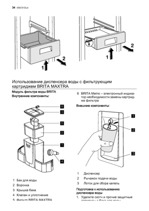 Page 342
1
Использование диспенсера воды с фильтрующим
картриджем BRITA MAXTRA
Модуль фильтра воды BRITA
Внутренние компоненты:
6
3
5
2
1
4
1 Бак для воды
2 Воронка
3Крышка бака
4 Клапан и уплотнение
5 Фильтр BRITA MAXTRA6 BRITA Memo – электронный индика‐
тор необходимости замены картрид‐
жа фильтра
Внешние компоненты:
1
2
3
1Диспенсер
2 Рычажок подачи воды
3 Лоток для сбора капель
Подготовка к использованию
диспенсера воды
1. Удалите скотч и прочие защитные
элементы с бака для воды
34  electrolux
 