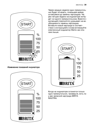 Page 39START
%
100
75
50
25
Изменение показаний индикатора
START
%
100
75
50
25
Через каждую неделю один прямоуголь‐
ник будет исчезать, показывая время,
оставшееся до замены картриджа. Че‐
рез четыре недели на индикаторе не бу‐
дет ни одного прямоугольника. Вместе с
мигающей стрелкой это указывает на не‐
обходимость замены картриджа.
Вставьте новый картридж в соответ‐
ствии с инструкцией и снова активируйте
электронный индикатор Memo как опи‐
сано выше.
START
%
100
75
50
25
Когда на индикаторе останется...