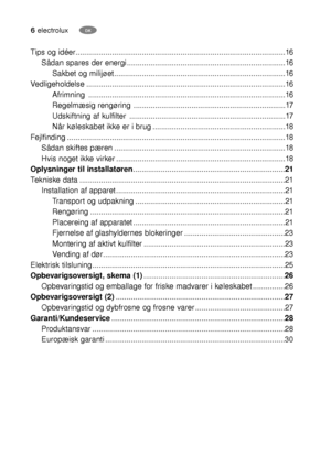 Page 66electroluxDK
Tips og idéer..................................................................................................16
Sådan spares der energi ..........................................................................16
Sakbet og milijøet................................................................................16
Vedligeholdelse .............................................................................................16
Afrimning...