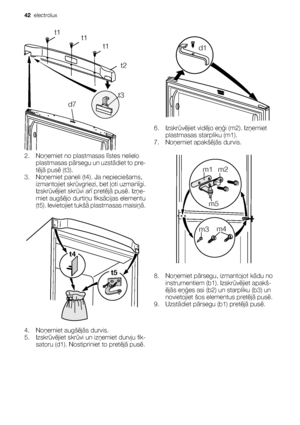 Page 42t1
d7t1
t1
t2
t3
2. Noņemiet no plastmasas līstes nelielo
plastmasas pārsegu un uzstādiet to pre-
tējā pusē (t3).
3. Noņemiet paneli (t4). Ja nepieciešams,
izmantojiet skrūvgriezi, bet ļoti uzmanīgi.
Izskrūvējiet skrūvi arī pretējā pusē. Izņe-
miet augšējo durtiņu fiksācijas elementu
(t5). Ievietojiet tukšā plastmasas maisiņā.
t5 t4
4. Noņemiet augšējās durvis.
5. Izskrūvējiet skrūvi un izņemiet durvju fik-
satoru (d1). Nostipriniet to pretējā pusē.
d1
6. Izskrūvējiet vidējo eņģi (m2). Izņemiet...