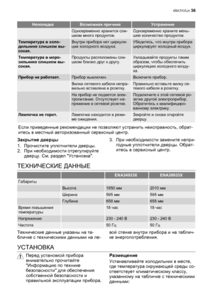 Page 35НеполадкаВозможная причинаУстранение
 Одновременно хранится сли-
шком много продуктов.Одновременно храните мень-
шее количество продуктов.
Температура в холо-
дильнике слишком вы-
сокая.Внутри прибора нет циркуля-
ции холодного воздуха.Убедитесь, что внутри прибора
циркулирует холодный воздух.
Температура в моро-
зильнике слишком вы-
сокая.Продукты расположены сли-
шком близко друг к другу.Укладывайте продукты таким
образом, чтобы обеспечить
циркуляцию холодного возду-
ха.
Прибор не работает.Прибор...