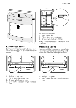 Page 25NATURAFRESH-SKUFF
Denne innretningen gjør at matvarene ned-
kjøles raskere og gir en jevnere temperatur i
skuffen.
For å slå på funksjonen:
1. Slå av shopping-funksjonen.
2. Shopping-indikatoren lyser.
3. Skyv klaffen opp som vist på illustrasjo-
nen.
For å slå av funksjonen:
1. Skyv klaffen ned.
2. Slå av shopping-funksjonen.
3. Shopping-indikatoren slukker.
Viktig Funksjonen slås av automatisk etter
noen timer.
FRESHZONE-MODUS
Hvis rommet ikke trengs som NaturaFresh,
kan innstillingene endres i...