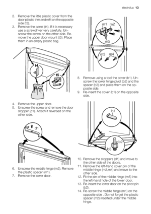 Page 132. Remove the little plastic cover from the
door plastic trim and refit on the opposite
side (t3).
3. Remove the panel (t4). If it is necessary
use a screwdriver very carefully. Un-
screw the screw on the other side. Re-
move the upper door mount (t5). Place
them in an empty plastic bag.
t5 t4
4. Remove the upper door.
5. Unscrew the screw and remove the door
stopper (d1). Attach it reversed on the
other side.
d1
6. Unscrew the middle hinge (m2). Remove
the plastic spacer (m1).
7. Remove the lower door....