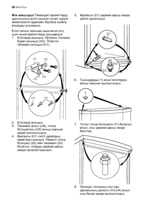 Page 26Өте маңызды! Төмендегі əрекеттерді,
құрылғының есігін мықтап ұстап тұруға
көмектесетін адаммен бірлесе жүзеге
асыруды ұсынамыз.
Есікті екінші жағынан ашылатын ету
үшін мына əрекеттерді орындаңыз:
1.Есіктерді ашыңыз. Ортаңғы топсаны
бұрап алыңыз (m2). Пластик
төсемені алыңыз (m1).
m1
m2
m3m4 m5m6
2.Есіктерді алыңыз.
3.Төсемені алып (m6), топса
білікшесінің (m5) екінші жағына
қарай жылжытыңыз.
4.Қақпақты (b1) тиісті құралдың
көмегімен алыңыз. Төменгі топса
білікшесі (b2) мен төсемені (b3)
босатып, оларды...