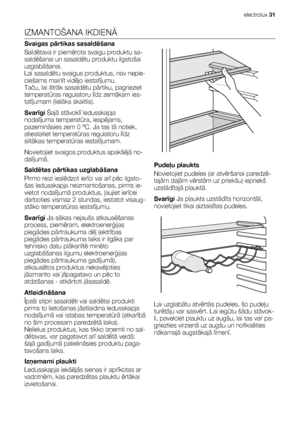 Page 31IZMANTOŠANA IKDIENĀ
Svaigas pārtikas sasaldēšana
Saldētava ir piemērota svaigu produktu sa-
saldēšanai un sasaldētu produktu ilgstošai
uzglabāšanai.
Lai sasaldētu svaigus produktus, nav nepie-
ciešams mainīt vidējo iestatījumu.
Taču, lai ātrāk sasaldētu pārtiku, pagrieziet
temperatūras regulatoru līdz zemākam ies-
tatījumam (lielāks skaitlis).
Svarīgi Šajā stāvoklī ledusskapja
nodalījuma temperatūra, iespējams,
pazemināsies zem 0 °C. Ja tas tā notiek,
atiestatiet temperatūras regulatoru līdz
siltākas...