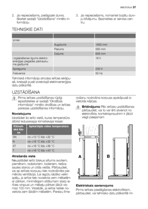 Page 372. Ja nepieciešams, pielāgojiet durvis.
Skatiet sadaļā Uzstādīšana minēto in-
formāciju3. Ja nepieciešams, nomainiet bojātu durv-
ju blīvējumu. Sazinieties ar servisa cen-
tru.
TEHNISKIE DATI
   
Izmēri  
 Augstums1850 mm
 Platums595 mm
 Dziļums658 mm
Uzglabāšanas ilgums elektro-
enerģijas piegādes pārtrauku-
ma gadījumā 18 h
Spriegums 230 V
Frekvence 50 Hz
Tehniskā informācija atrodas ierīces iekšpu-
sē, kreisajā pusē izvietotajā elektroenerģijas
datu plāksnītē.
UZSTĀDĪŠANA
Pirms ierīces uzstādīšanas...