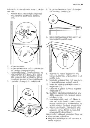 Page 39Lai mainītu durtiņu vēršanās virzienu, rīkojie-
ties šādi:
1. Atveriet durvis. Izskrūvējiet vidējo eņģi
(m2). Izņemiet plastmasas starpliku
(m1).
m1
m2
m3m4 m5m6
2. Noņemiet durvis.
3. Noņemiet fiksatorus (m6) un pārvietojiet
tos uz eņģu pretējo pusi (m5).
4. Noņemiet pārsegu, izmantojot kādu no
instrumentiem (b1). Izskrūvējiet apakš-
ējās eņģes asi (b2) un starpliku (b3) un
novietojiet šos elementus pretējā pusē.
5. Uzstādiet pārsegu (b1) pretējā pusē.
b1
b2
b3
6. Noņemiet fiksatorus (1) un...