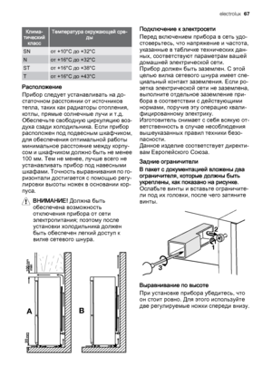 Page 67Клима‐
тический
классТемпература окружающей сре‐
ды
SNот +10°C до +32°C
Nот +16°C до +32°C
STот +16°C до +38°C
Tот +16°C до +43°C
Расположение
Прибор следует устанавливать на до‐
статочном расстоянии от источников
тепла, таких как радиаторы отопления,
котлы, прямые солнечные лучи и т.д.
Обеспечьте свободную циркуляцию воз‐
духа сзади холодильника. Если прибор
расположен под подвесным шкафчиком,
для обеспечения оптимальной работы
минимальное расстояние между корпу‐
сом и шкафчиком должно быть не менее
100...