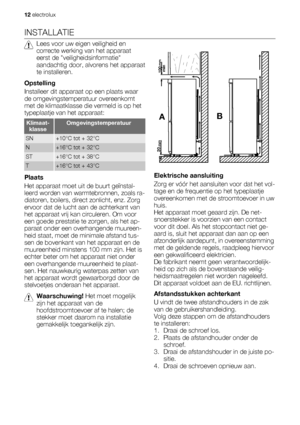 Page 12INSTALLATIE
Lees voor uw eigen veiligheid en
correcte werking van het apparaat
eerst de veiligheidsinformatie
aandachtig door, alvorens het apparaat
te installeren.
Opstelling
Installeer dit apparaat op een plaats waar
de omgevingstemperatuur overeenkomt
met de klimaatklasse die vermeld is op het
typeplaatje van het apparaat:
Klimaat-
klasseOmgevingstemperatuur
SN+10°C tot + 32°C
N+16°C tot + 32°C
ST+16°C tot + 38°C
T+16°C tot + 43°C
Plaats
Het apparaat moet uit de buurt geïnstal-
leerd worden van...