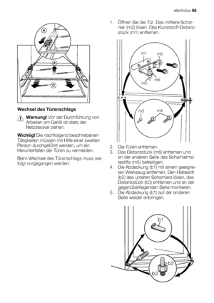 Page 55Wechsel des Türanschlags
Warnung! Vor der Durchführung von
Arbeiten am Gerät ist stets der
Netzstecker ziehen.
Wichtig! Die nachfolgend beschriebenen
Tätigkeiten müssen mit Hilfe einer zweiten
Person durchgeführt werden, um ein
Herunterfallen der Türen zu vermeiden.
Beim Wechsel des Türanschlags muss wie
folgt vorgegangen werden:1. Öffnen Sie die Tür. Das mittlere Schar-
nier (m2) lösen. Das Kunststoff-Distanz-
stück (m1) entfernen.
m1
m2
m3m4 m5m6
2. Die Türen entfernen.
3. Das Distanzstück (m6)...