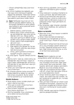 Page 35–Cihazın yerleştirildiği odayı iyice hava-
landırın.
• Bu ürünün özelliklerinde değişiklik yap-
mak veya ürünü herhangi bir şekilde
değiştirmek tehlikelidir. Kablodaki herhan-
gi bir hasar bir kısa devreye, yangına ve/
veya elektrik çarpmasına neden olabilir.
Uyarı Tehlikeden kaçınmak için tüm
elektrikli parçalar (elektrik kablosu, fiş,
kompresör) sertifikalı bir servis yetkilisi
veya kalifiye bir servis personeli tarafın-
dan değiştirilmelidir.
1. Elektrik kablosu uzatılmamalıdır.
2. Elektrik fişinin...