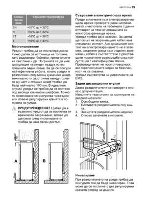 Page 29Клима-
тичен
класСтайната температура
SN+10°C до + 32°C
N+16°C до + 32°C
ST+16°C до + 38°C
Т+16°C до + 43°C
Местоположение
Уредът трябва да се инсталира доста-
тъчно далеч от източници на топлина,
като радиатори, бойлери, пряка слънче-
ва светлина и др. Погрижете се да има
циркулация на студен въздух по въ-
трешната задна стена. За да се осигури
най-ефективна работа, когато уредът е
разположен под висящ кухненски шкаф,
минималното разстояние между
 горна-
та му част и стенния шкаф трябва да
бъде...