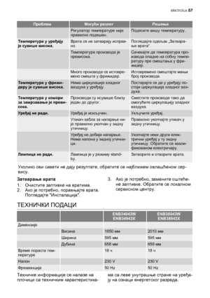 Page 57ПроблемМогући разлогРешење
 Регулатор температуре није
правилно подешен.Подесите вишу температуру.
Температура у уређају
је сувише висока.Врата се не затварају исправ-
но.Погледајте одељак „Затвара-
ње врата“.
 Температура производа је
превисока.Сачекајте да температура про-
извода опадне на собну темпе-
ратуру пре смештања у фри-
жидер.
 Много производа се истовре-
мено смешта у фрижидер.Истовремено смештајте мањи
број производа.
Температура у фрижи-
деру је сувише висока.Нема циркулације хладног...