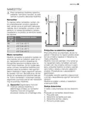 Page 69NAMESTITEV
Pred namestitvijo hladilnika natančno
preberite varnostna navodila za vašo
varnost in pravilno delovanje hladilnika.
Namestitev
To napravo lahko namestite v suhem, do-
bro prezračevanem prostoru (garaža ali
klet), vendar pa je za optimalno delovanje
najbolje, da jo namestite v prostoru s tem-
peraturo, ki ustreza klimatskemu razredu,
navedenemu na ploščici za tehnične naved-
be naprave:
Klimat-
ski raz-
redTemperatura okolice
SN+10 °C do +32 °C
N+16 °C do +32 °C
ST+16 °C do +38 °C
T+16 °C do...