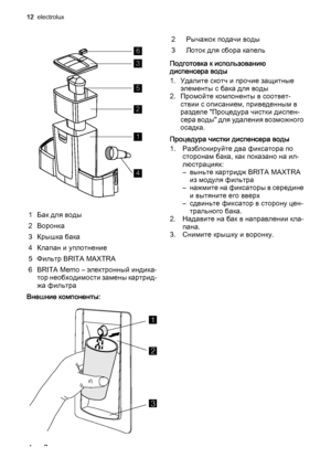 Page 126
3
5
2
1
4
1 Бак для воды
2 Воронка
3Крышка бака
4 Клапан и уплотнение
5 Фильтр BRITA MAXTRA
6 BRITA Memo – электронный индика‐
тор необходимости замены картрид‐
жа фильтра
Внешние компоненты:
1
2
3
1Диспенсер2 Рычажок подачи воды
3 Лоток для сбора капель
Подготовка к использованию
диспенсера воды
1. Удалите скотч и прочие защитные
элементы с бака для воды
2. Промойте компоненты в соответ‐
ствии с описанием, приведенным в
разделе "Процедура чистки диспен‐
сера воды" для удаления возможного...