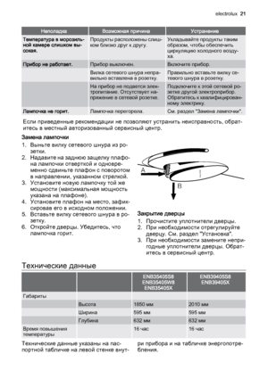 Page 21НеполадкаВозможная причинаУстранение
Температура в морозиль‐
ной камере слишком вы‐
сокая.Продукты расположены слиш‐
ком близко друг к другу.Укладывайте продукты таким
образом, чтобы обеспечить
циркуляцию холодного возду‐
ха.
Прибор не работает.Прибор выключен.Включите прибор.
 Вилка сетевого шнура непра‐
вильно вставлена в розетку.Правильно вставьте вилку се‐
тевого шнура в розетку.
 На прибор не подается элек‐
тропитание. Отсутствует на‐
пряжение в сетевой розетке.Подключите к этой сетевой ро‐
зетке...