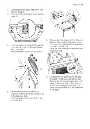 Page 173. Lay the appliance back side down on awooden support.
4. Unscrew the lower hinge and remove the
lower door.
5. Unscrew and remove the front cover (a).
Unscrew the hinge pin (b) and remove
the upper door.
Remove the two covers on the roof (c).
6. Remove the cover on the front (d). Unscrew and move the door stopper (e)
to the opposite side.
Unscrew and move the hinge (f) to the
opposite side.
7. Remove the hole covers (b1) by driving a
drift into them and rocking them loose.
Unscrew the middle hinge (b2)...